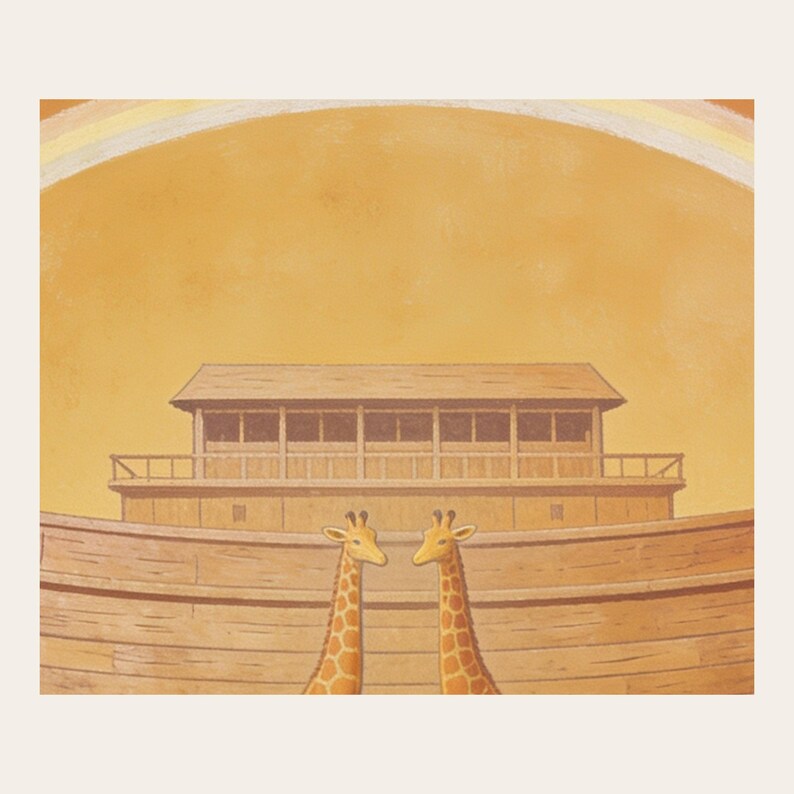 Close detail of Noah and the Ark, highlighting the three visible pairs, wooden planks, soft rainbow bands, amber sky, and gentle painted animal forms. The crop reveals softly modeled faceless forms, muted pigment transitions, fine cracks, and paperlike texture in the modern fresco illustration. This view focuses on the artwork surface rather than frame or room styling.