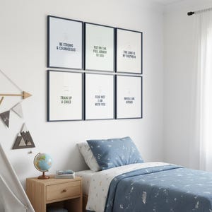 Train Up a Child Proverbs 22:6 Wall Art Christian Boys Room Print Scripture Deco — botanical glass frame mockup with natural light and greenery. This elegant christian scripture wall art print features beautiful serif typography on warm cream background. Proverbs 22:6 bible verse digital download printable for home office bedroom living room gallery wall decor. Perfect christian gift idea from ...