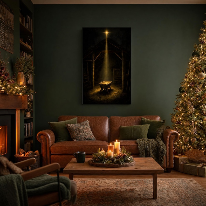 Styled Christmas living room preview: Dark vintage oil painting on canvas showing the Star of Bethlehem shining above an empty wooden manger inside a rustic stable. A warm golden beam falls across rough timber, straw, and the humble crib, creating a reverent nighttime scene. Matthew 2:2 nativity wall art in deep brown and gold tones, printed on stretched canvas and ready to h