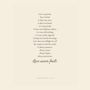 Love Is Patient, Love Is Kind Scripture artwork featuring 1 Corinthians 13:4-8 in the coordinated Wedding Scripture Print Set of 4. This beloved Bible passage about enduring love complements the Ecclesiastes, Numbers, and Ruth designs and suits a Christian wedding gift, anniversary display, newlywed bedroom, living room, or marriage gallery wall.