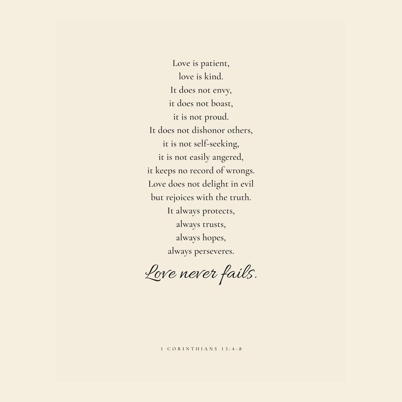 Love Is Patient, Love Is Kind Scripture artwork featuring 1 Corinthians 13:4-8 in the coordinated Wedding Scripture Print Set of 4. This beloved Bible passage about enduring love complements the Ecclesiastes, Numbers, and Ruth designs and suits a Christian wedding gift, anniversary display, newlywed bedroom, living room, or marriage gallery wall.