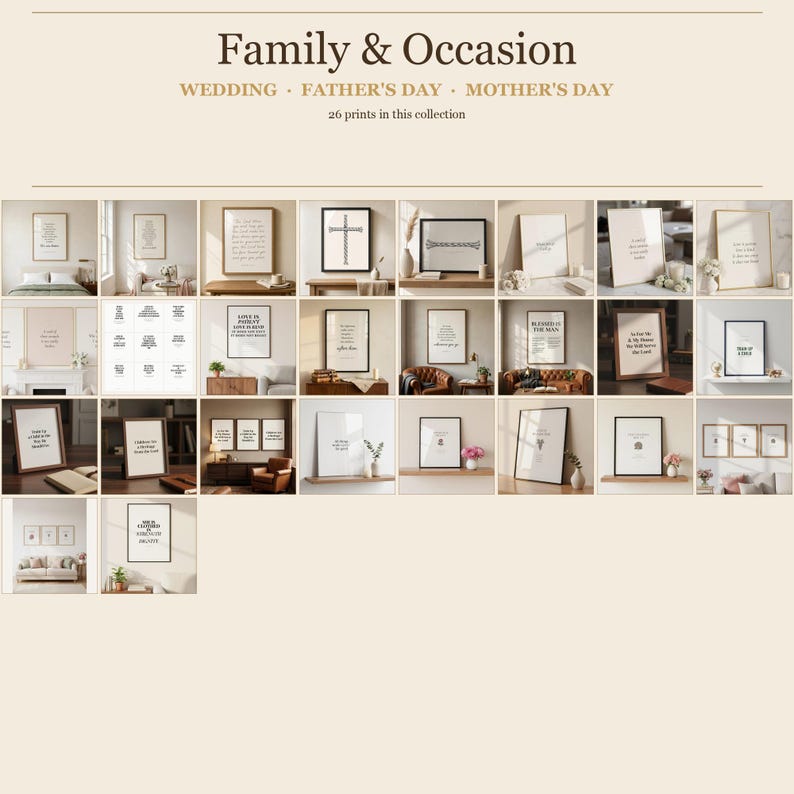 TheFramedVerse Family & Occasion collection — Christian wall art prints for weddings, Father's Day, and Mother's Day. Cord of Three Strands, Love Is Patient, Joshua 24:15, Proverbs 31:25, Psalm 127:3 and more. Bible verse scripture prints for Christian gift-giving. Part of the Mega Bundle.