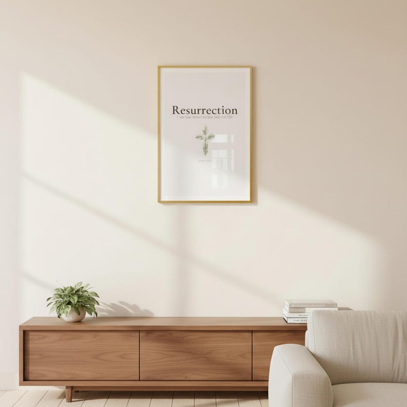 Resurrection Christian Scripture Art, Floral Cross Spring Decor, in beautiful floral cross composed of spring roses, greenery and wildflowers, presented as an elegant flat lay on white marble with a fountain pen and eucalyptus sprig, showing the complete print design in full detail