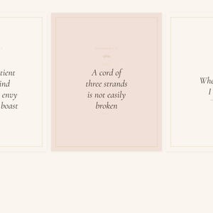 Christian Wedding Wall Art Set of 3 Bible Verse Prints Love Is Patient, in romantic wedding typography with elegant calligraphy, delicate gold ornamental accents on warm blush background, presented showing all included print sizes from 5x7 to 16x20 plus A4 and A3, each available in crisp JPG and PDF format at professional 300 DPI resolution for beautiful printing at home or at any local print shop