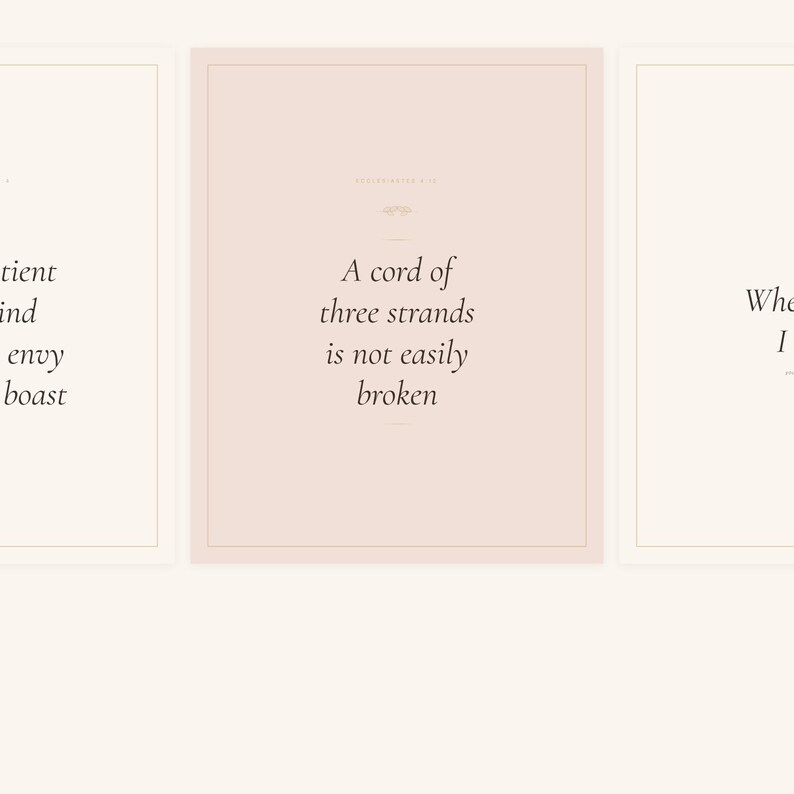 Christian Wedding Wall Art Set of 3 Bible Verse Prints Love Is Patient, in romantic wedding typography with elegant calligraphy, delicate gold ornamental accents on warm blush background, presented showing all included print sizes from 5x7 to 16x20 plus A4 and A3, each available in crisp JPG and PDF format at professional 300 DPI resolution for beautiful printing at home or at any local print shop