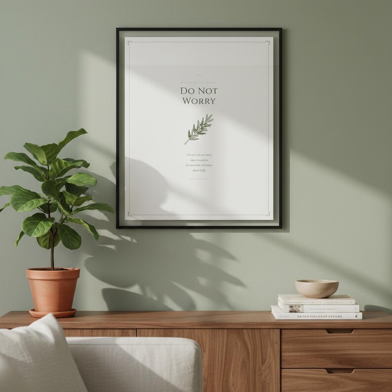 Do Not Worry Matthew 6 34 framed scripture print on sage green wall above modern sideboard, christian aesthetic home decor, sermon on the mount bible verse poster, anxiety relief christian wall art