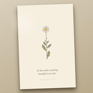 Close-up detail of vintage botanical bible verse wall art print showing hand-drawn wildflower illustration and Cormorant Garamond serif typography on warm ivory cream archival paper. Modern christian art in minimalist herbarium style — one of six pri