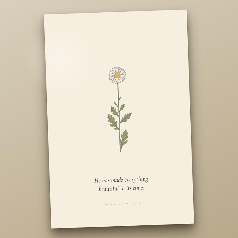Close-up detail of vintage botanical bible verse wall art print showing hand-drawn wildflower illustration and Cormorant Garamond serif typography on warm ivory cream archival paper. Modern christian art in minimalist herbarium style — one of six pri