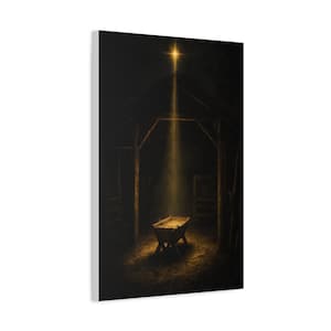 Dark vintage oil painting of the Star of Bethlehem shining above an empty wooden manger in a rustic stable. A warm golden beam crosses rough timber, straw, and the humble crib in a reverent nighttime scene. Matthew 2:2 nativity wall art in deep brown and gold, printed on stretched canvas. This product view presents the complete artwork and its finished canvas format.