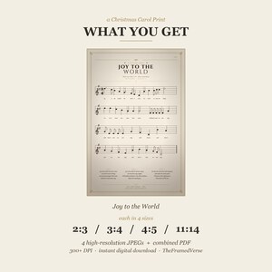 What you get: the Joy to the World vintage hymn print in 4 sizes — 2:3 ratio (4x6 to 24x36 inches), 3:4 ratio (6x8 to 18x24), 4:5 ratio (4x5 to 16x20), and 11:14 ratio, plus a combined PDF. One single Christmas carol hymn sheet music print, instant digital download from TheFramedVerse on Etsy, Psalm 98:4 hymnal style.
