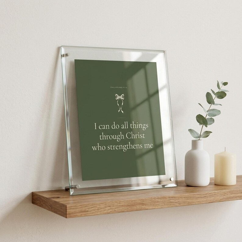 I Can Do All Things Philippians 4 13 Wall Art Sage Coquette Christian Print Dark — room setting mockup in cozy living space with complementary decor. This sage green, coquette bow christian scripture wall art print features beautiful serif typography on warm cream background. Philippians 4 13 bible verse digital download printable for home office bedroom living room gallery wall decor. Perfect ...