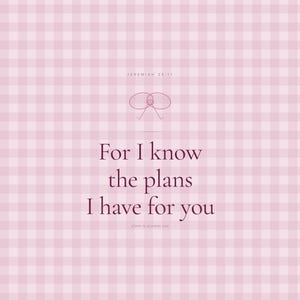 For I Know the Plans I Have for You Jeremiah 29:11 printable Christian wall art in pink blush coquette aesthetic. Elegant Cormorant Garamond serif typography with hand-drawn botanical illustrations and decorative ribbon bow accents. "For I know the p