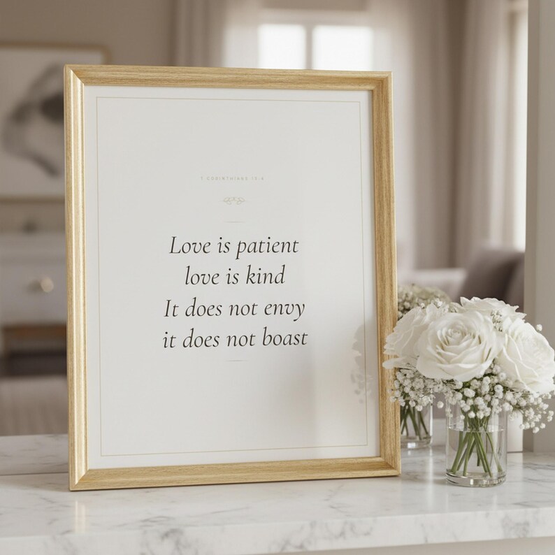 Christian Wedding Wall Art Set of 3 Bible Verse Prints Love Is Patient, — "Love is patient, love is kind. It does not envy, it does not boast", in romantic wedding typography with elegant calligraphy, delicate gold ornamental accents on warm blush background, photographed in detailed close-up view showing the premium glass frame, crisp typography and intricate artistic details that make this