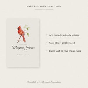 Personalization guide showing exactly where the loved one's name and dates appear on the cardinal memorial print. A labeled example uses Margaret Johnson, 1948 to 2026 beneath In Loving Memory, while Psalm 34:18 remains part of the design. The clear graphic explains that buyers provide one name, a birth year and a passing year for their custom remembrance artwork.