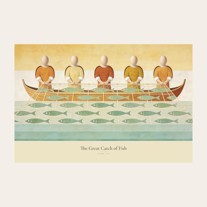 Clean front view of the unframed The Great Catch of Fish digital print on a light neutral background. The full horizontal composition shows faceless fishers lifting a broad net filled with sage fish beside a wooden boat, followed by the title and Luke 5:6 in serif type on a cream caption band. The complete borders, warm fresco texture, and restrained palette are visible without props or frame.