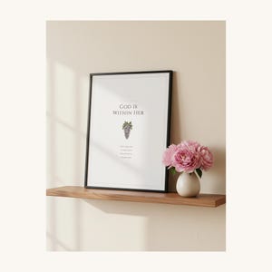 Mothers Day Scripture Wall Art Set of 3 Proverbs 31 25 Christian Mom Gift Bible, in elegant Mother's Day design with soft pink watercolor botanical flowers and graceful serif typography, showcased in an elegant contemporary home interior with curated decor elements, demonstrating how this Christian art piece elevates any living space