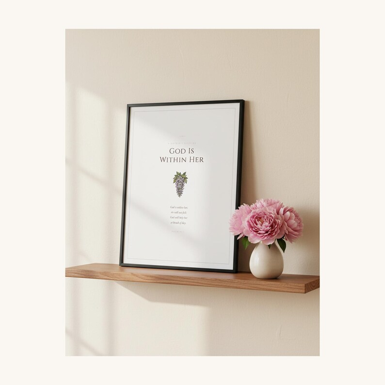 Mothers Day Scripture Wall Art Set of 3 Proverbs 31 25 Christian Mom Gift Bible, in elegant Mother's Day design with soft pink watercolor botanical flowers and graceful serif typography, showcased in an elegant contemporary home interior with curated decor elements, demonstrating how this Christian art piece elevates any living space