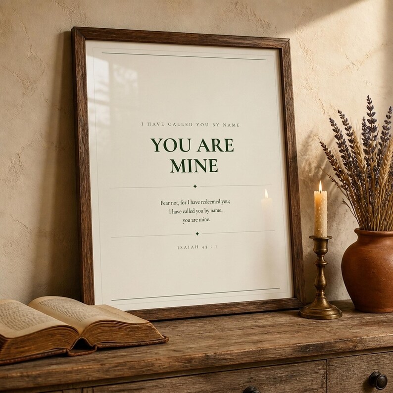 You Are Mine Isaiah 43:1 scripture print minimalist christian baptism gift baby dedication nursery wall art dark forest green typography on warm cream background, wooden shelf walnut frame open Bible dried botanical eucalyptus ceramic vase candle warm light, digital download printable wall art instant download