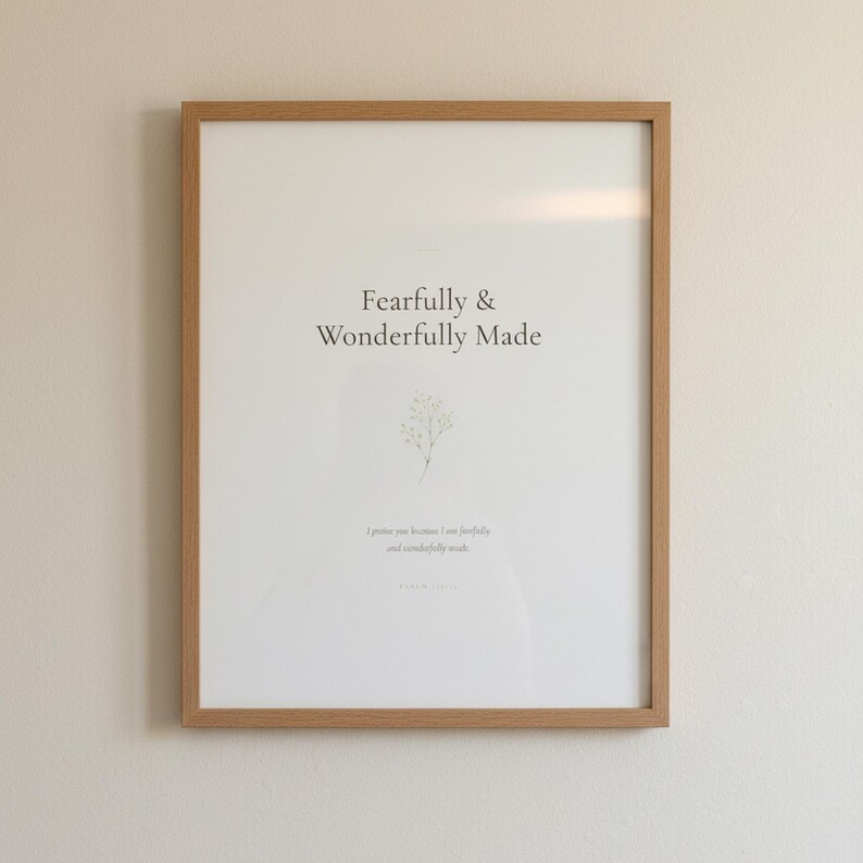 Nursery Bible Verse Wall Art Set of 6 Printable Christian Scripture Prints, in gentle sage green nursery design with soft botanical watercolor illustration and calming earth tones, photographed in beautiful close-up detail showing the premium glass frame reflection, the crisp typography and the intricate artistic details of the design