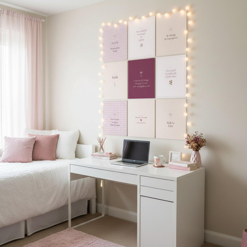 Walk by Faith Not by Sight 2 Corinthians 5:7 pink blush coquette Christian wall art prints shown in a cute college dorm room above a desk with laptop and string lights. Trendy Bible verse scripture prints in soft pink blush aesthetic, perfect for dor