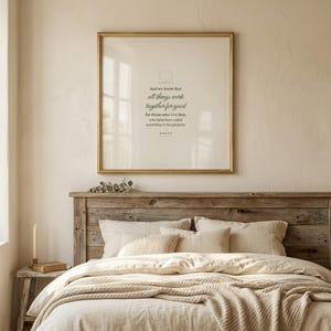 Romans 8:28 farmhouse scripture wall art print featuring All Things Work Together for Good bible verse in elegant calligraphy script and warm sage green tones on linen textured background. Christian home decor printable with laurel wreath motif, perfect as baptism gift, housewarming gift, or bedroom wall art. Digital download, high resolution 300 DPI.