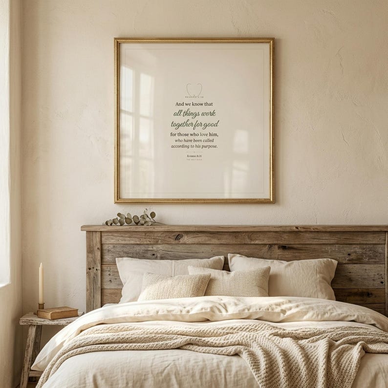 Romans 8:28 farmhouse scripture wall art print featuring All Things Work Together for Good bible verse in elegant calligraphy script and warm sage green tones on linen textured background. Christian home decor printable with laurel wreath motif, perfect as baptism gift, housewarming gift, or bedroom wall art. Digital download, high resolution 300 DPI.