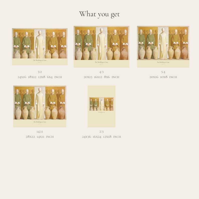 What you get overview for The Wedding at Cana and John 2:7. The digital purchase includes high-resolution JPEG artwork in 3:2, 4:3, 5:4, 14:11, and 2:3 portrait formats, plus a PDF size guide. The layout previews the horizontal and portrait options so buyers can match the correct file to a chosen frame.
