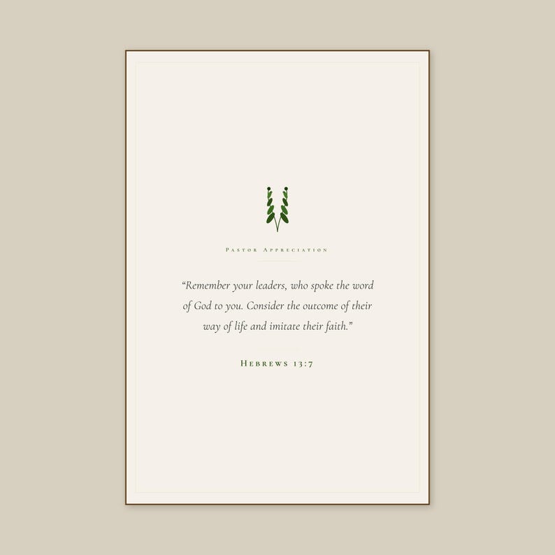 Hebrews 13:7 Remember Your Leaders scripture print framed in rustic walnut, leaning on oak console beside open leather-bound Bible and brass candlestick with lit beeswax candle, dried wheat stems in earthenware vase, warm editorial pastoral gifts display, thank you pastor christian wall art digital download TheFramedVerse