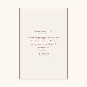 1 Peter 5:2 Be Shepherds of God's Flock scripture print in solid walnut frame, frontal studio shot on cream backdrop with soft key light, glass reflection visible, e-commerce hero photograph, christian pastor gift digital download, pastor appreciation wall art by TheFramedVerse, pastoral gifts modern minimalist