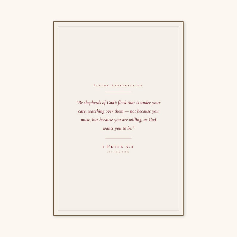 1 Peter 5:2 Be Shepherds of God's Flock scripture print in solid walnut frame, frontal studio shot on cream backdrop with soft key light, glass reflection visible, e-commerce hero photograph, christian pastor gift digital download, pastor appreciation wall art by TheFramedVerse, pastoral gifts modern minimalist