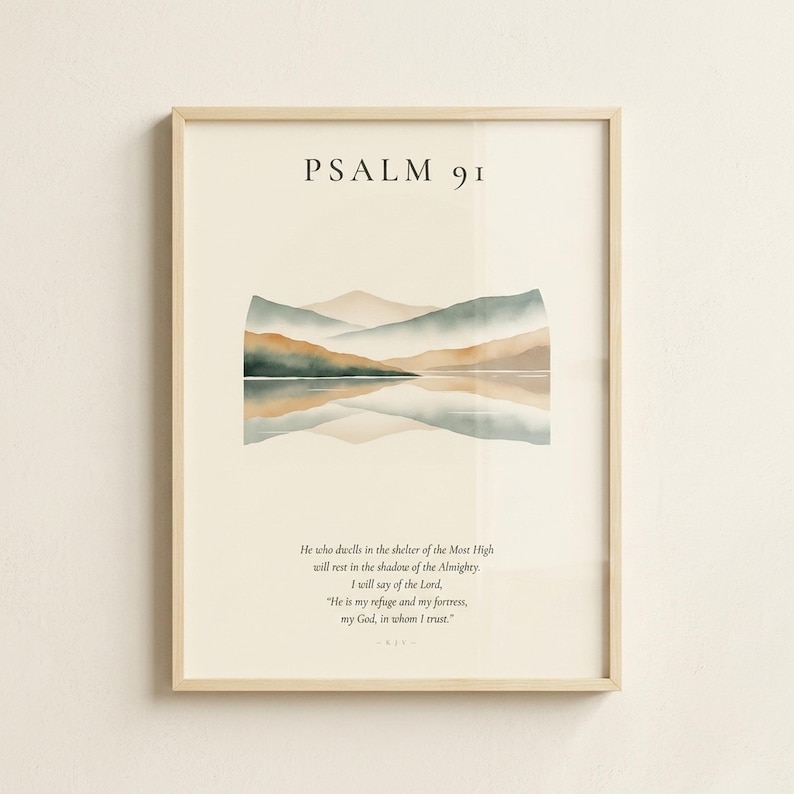 Custom Bible verse print framed in thin natural birch wood, frontal view on a softly textured cream wall, modern minimalist Boho aesthetic, soft overhead diffused light with gentle shadow, e-commerce hero photograph for personalized Christian wedding anniversary gift wall art, instant digital download from TheFramedVerse on Etsy