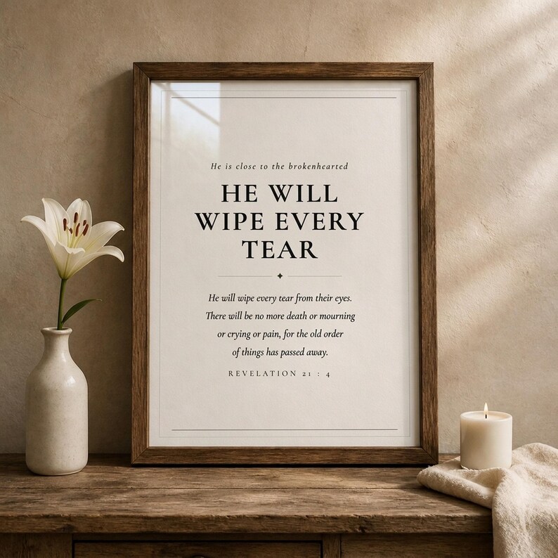 Airy room scene with the framed design above comfortable neutral furniture in a calm, modern Christian home setting. The He Will Wipe Every Tear artwork presents Revelation 21:4 in minimalist black typography on warm beige. This Revelation 21:4 print suits a sympathy gift, memorial space, prayer room, bedroom, or comforting Christian home as printable digital wall art.