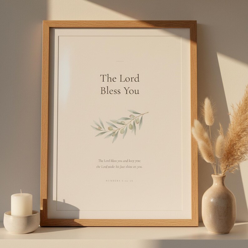 Nursery Bible Verse Wall Art Set of 6 Printable Christian Scripture Prints, in gentle sage green nursery design with soft botanical watercolor illustration and calming earth tones, presented as an elegant flat lay on white marble with a fountain pen and eucalyptus sprig, showing the complete print design in full detail