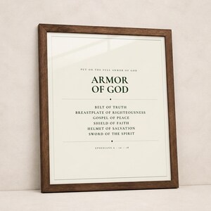 Armor of God Ephesians 6 scripture print bold minimalist christian wall art boys room confirmation baptism gift dark forest green typography on warm cream background, hero product shot walnut frame leaning against wall natural light glass reflection, digital download printable wall art instant download