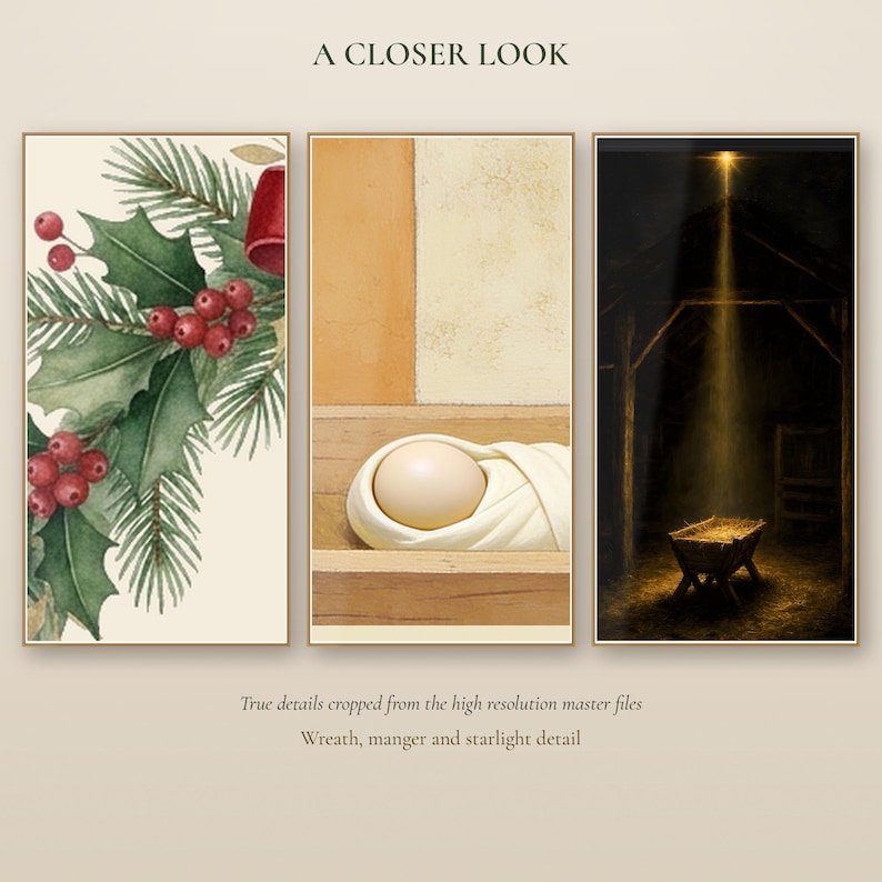 Close up details from the Christian Christmas Bundle in three oak framed panels: a watercolor wreath with red bow, berries and evergreen needles, the sleeping child in the manger from the painted Nativity scene, and golden starlight falling on the manger from Star Over the Manger. Each detail is cropped at full resolution from the master files to show the fine art quality of these prints.