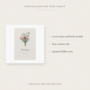 Personalization guide for the Birth Flower Family Bouquet Canvas showing the three details buyers can customize. Add 2 to 8 names, match every name with a birth month and choose a title such as Mom's Garden, Nana's Garden or Our Family. A Christian verse can be included or omitted, and a design proof is sent by Etsy message for approval before the stretched canvas is printed.