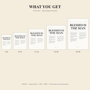 All 5 print sizes included in this Psalm 1 Bible verse wall art download — 4x6, 8x10, 11x14, 16x20, and 24x36 inches across 4 aspect ratios (2:3, 3:4, 4:5, 11:14). Modern Christian editorial poster with 300 DPI quality, instant digital download for Father's Day from TheFramedVerse on Etsy.