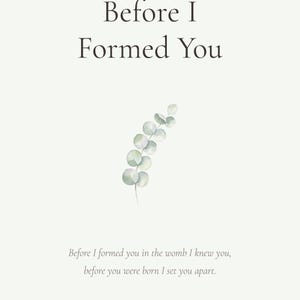 Jeremiah 1 5 Before I Formed You Nursery Bible Verse Print Christian Wall Art, in gentle sage green nursery design with soft botanical watercolor illustration, calming earth tones and tender serif typography, styled on a nursery shelf with baby books, a wooden cross and dried flowers, creating a sweet faith-filled vignette that grows with your child