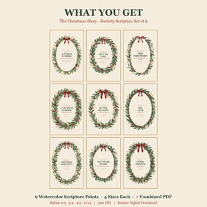 What you get: the Christmas Story nativity Scripture set of nine watercolor Bible verse prints, four print sizes each — 2:3, 3:4, 4:5 and 11:14 ratios — plus a combined PDF, all at 300 DPI as an instant digital download, ready to print at home or at a local or online print shop. Christian Christmas printable wall art from TheFramedVerse.