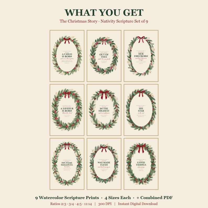 What you get: the Christmas Story nativity Scripture set of nine watercolor Bible verse prints, four print sizes each — 2:3, 3:4, 4:5 and 11:14 ratios — plus a combined PDF, all at 300 DPI as an instant digital download, ready to print at home or at a local or online print shop. Christian Christmas printable wall art from TheFramedVerse.