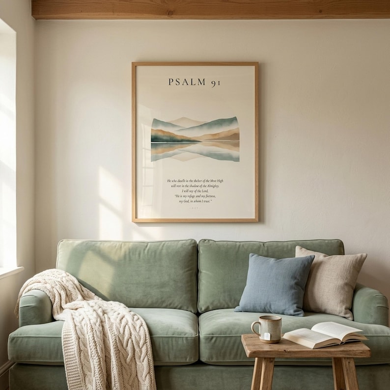 Custom Bible verse wall art framed in oak hung centered above a sage velvet sofa with cream knit throw and dusty-blue linen pillows, small wooden side table with ceramic mug and open softcover book, exposed warm wooden beam at top, cottage farmhouse Christian living room, soft afternoon natural light from window, digital download print