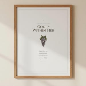 Mothers Day Scripture Wall Art Set of 3 Proverbs 31 25 Christian Mom Gift Bible, in elegant Mother's Day design with soft pink watercolor botanical flowers and graceful serif typography, styled on a wooden floating shelf next to a ceramic vase with dried eucalyptus, creating a warm and inviting Christian home decor vignette