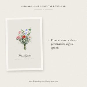 Cross sell graphic for the personalized Birth Flower Family Bouquet, also available as a digital download. A vertical neutral bouquet card displays watercolor birth month flowers, names and a custom family title without a Bible verse. Buyers who prefer to print at home can find the digital option in the shop, while this listing provides a physical 16x20 stretched canvas ready to hang.