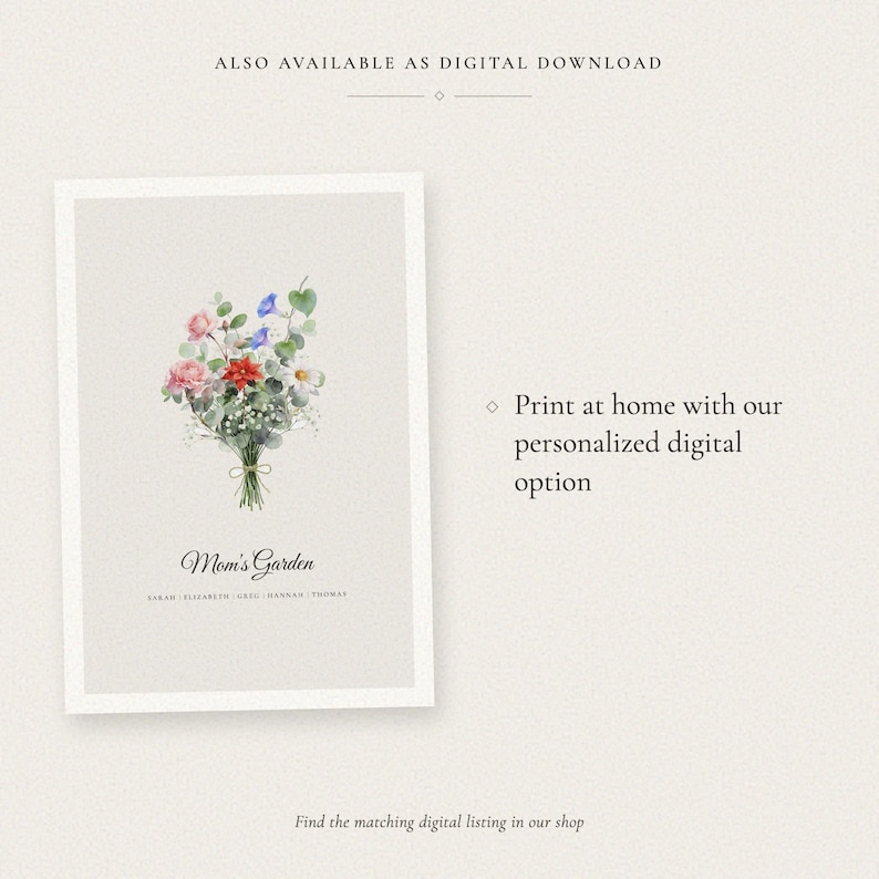 Cross sell graphic for the personalized Birth Flower Family Bouquet, also available as a digital download. A vertical neutral bouquet card displays watercolor birth month flowers, names and a custom family title without a Bible verse. Buyers who prefer to print at home can find the digital option in the shop, while this listing provides a physical 16x20 stretched canvas ready to hang.