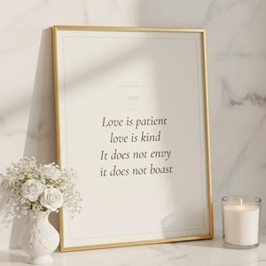 Love Is Patient Love Is Kind 1 Corinthians 13:4 Wall Art Christian Wedding, — "Love is patient, love is kind. It does not envy, it does not boast", in romantic wedding typography with elegant calligraphy, delicate gold ornamental accents on warm blush background. High-quality instant digital download printable Christian wall art available in multiple sizes for beautiful home printing