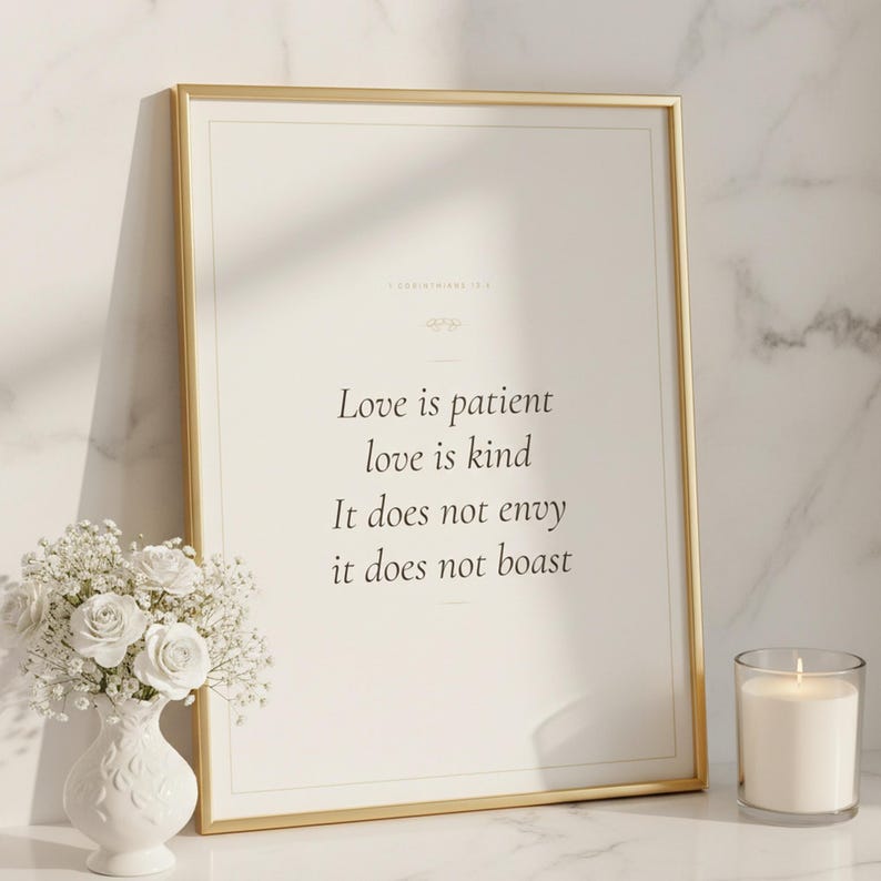 Love Is Patient Love Is Kind 1 Corinthians 13:4 Wall Art Christian Wedding, — "Love is patient, love is kind. It does not envy, it does not boast", in romantic wedding typography with elegant calligraphy, delicate gold ornamental accents on warm blush background. High-quality instant digital download printable Christian wall art available in multiple sizes for beautiful home printing