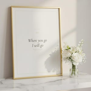 Christian Wedding Wall Art Set of 3 Bible Verse Prints Love Is Patient, in romantic wedding typography with elegant calligraphy, delicate gold ornamental accents on warm blush background, styled on a wooden floating shelf next to a ceramic vase with dried eucalyptus branches and stacked books, creating a warm and inviting Christian home decor vignette