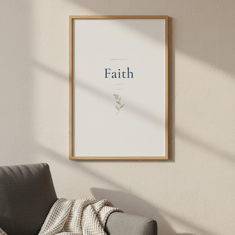 Faith Hebrews 11:1 Wall Art Blue Navy Coquette Christian Print Scripture Decor D — botanical glass frame mockup with natural light and greenery. This coquette bow, navy blue christian scripture wall art print features beautiful serif typography on warm cream background. Hebrews 11:1 bible verse digital download printable for home office bedroom living room gallery wall decor. Perfect christian ...