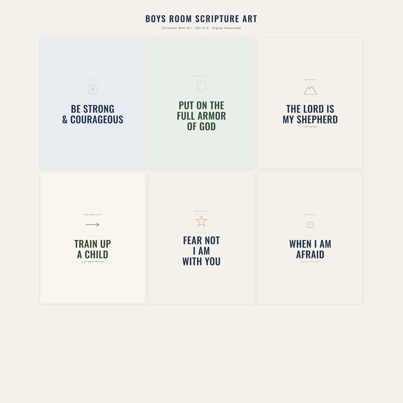 Christian Boys Room Wall Art Set of 6 Bible Verse Prints Navy Adventure Scriptur — what you get size overview showing all available print dimensions. This nursery, navy blue christian scripture wall art print features beautiful serif typography on warm cream background. digital download printable for home office bedroom living room gallery wall decor. Perfect christian gift idea from TheFramedV...