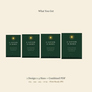 Four Silent Night Christmas print size formats arranged flat side by side on a cream background to show the included 2:3, 3:4, 4:5, and 11:14 ratios. Each deep forest green minimalist holiday print has cream serif text, a gold star, the hymn's first verse, and a Traditional Christmas Hymn footer for flexible Christian Christmas decor.
